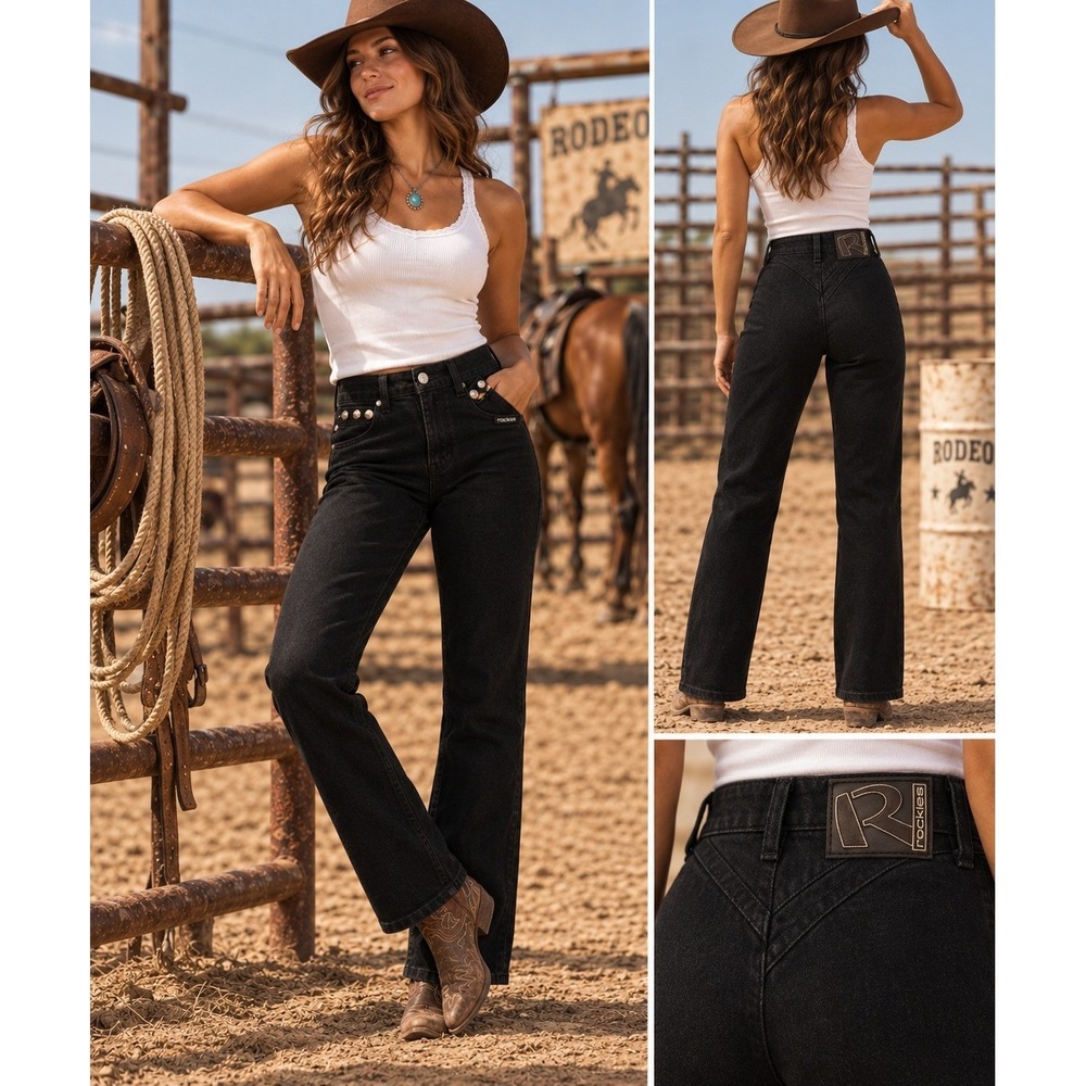 Rockies Jeans Women 3/4 XL Black Relaxed Long Rise Gold Star Studs Western VTG
